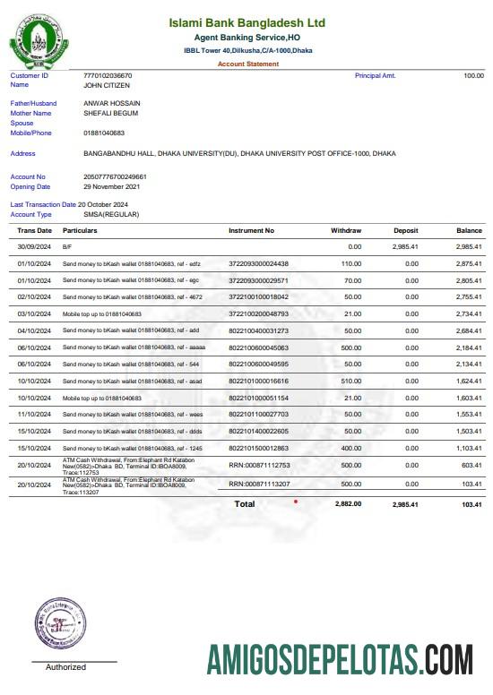 Modelo de exemplo de Word e PDF de extrato bancário de Bangladesh Islami